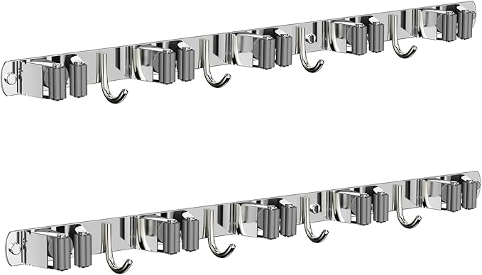 2 Pack Mop and Broom Holder Wall Mount, Non-slip Broom Hanger Wall Mount, Heavy Duty Mop Broom Organizer for Kitchen Garden Garage Laundry Room Wall Decor Organization and Storage Silver 5R4H