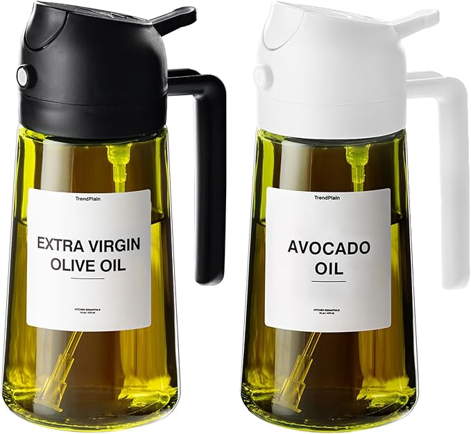 TrendPlain - Original 16oz/470ml Olive Oil Dispenser Bottle for Kitchen Gadgets and Air Fryer Accessories - Olive Oil Sprayer for Cooking w/Stickers - Black&White