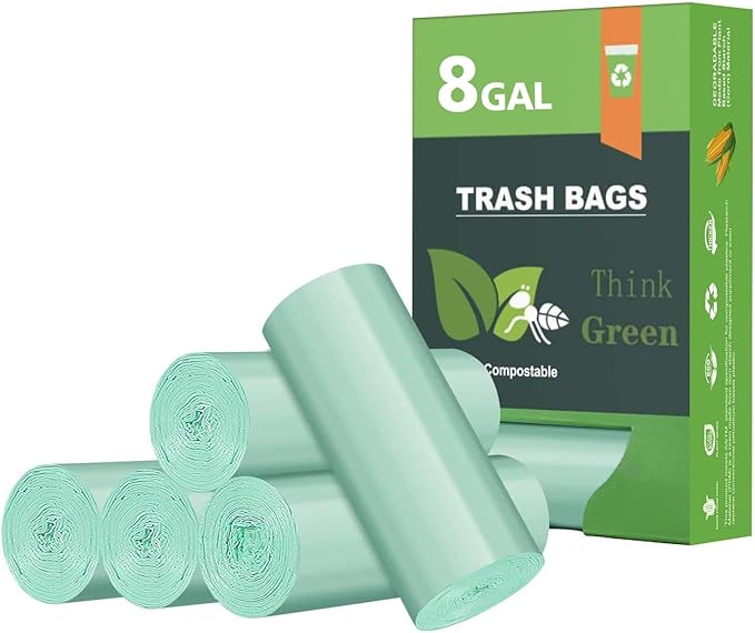 Biodegradable 8 Gallon Trash Bags, AYOTEE Garbage Bags 8 gallon, Compostable Medium Trash Bag, Unscented Leak Proof Bag for Office, Home, Bathroom, Bedroom, Car, Kitchen, Pet(Green)