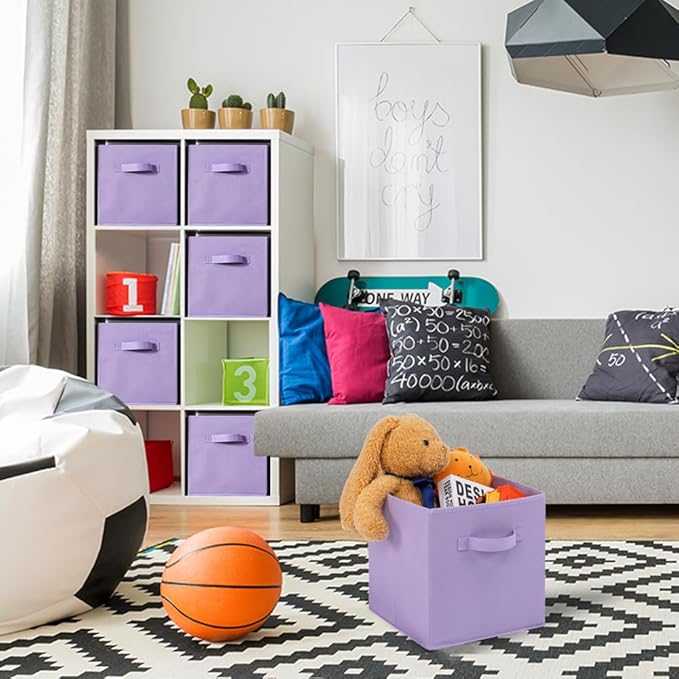 Stero Fabric Storage Bins 6 Pack Fun Colored Durable Storage Cubes with Handles Foldable Cube Baskets for Home, Kids Room, Closet and Toys Organization Purple
