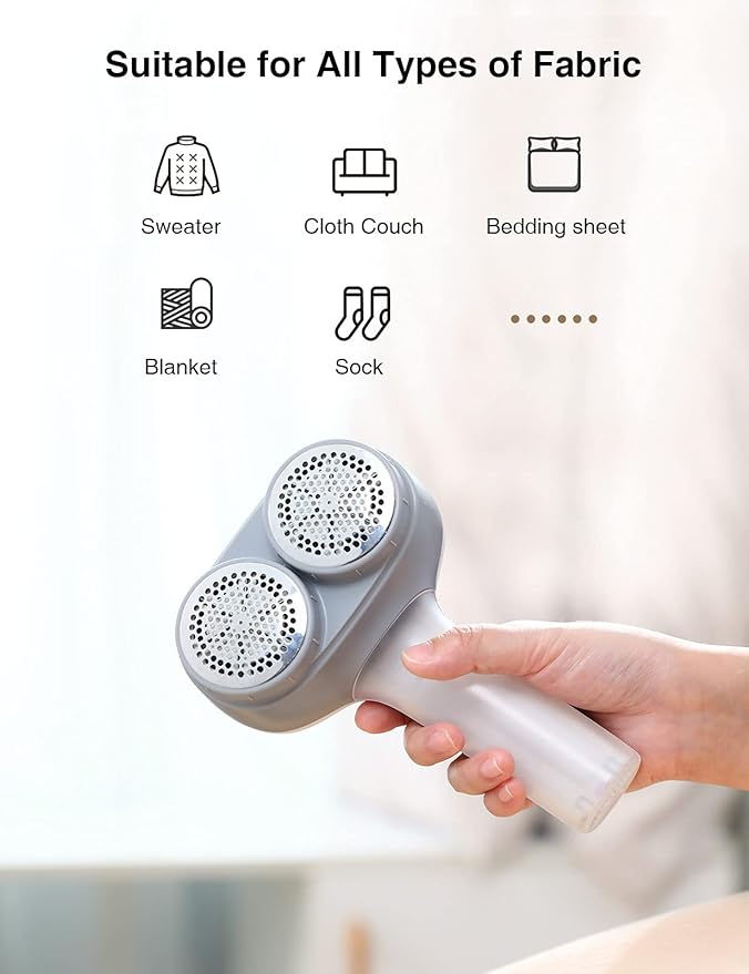 VASSON Fabric Shaver, Electric Lint Remover, Rechargeable Lint Shaver, Sweater Shavers to Remove Pilling, Large Fuzz Remover for Clothes Couch Furniture (Greyish White)