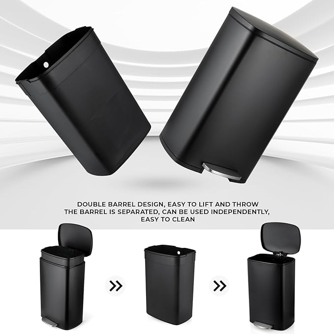 8 Gal Kitchen Trash Can, 30L Recycling or Garbage Bin, Brushed Stainless Steel Waste Basket, Soft&Quiet Close Dustbin, with Step-On Pedal, Removable Inner Bucket, for Home, Office, LIving Room
