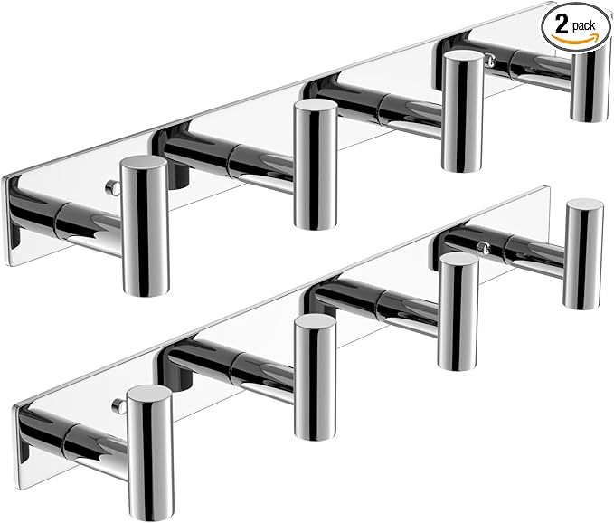 VAEHOLD Hat and Coat Wall Mount Rack - Hooks for Robes, Bags, Keys, and Towels - Bathroom Towel Hanger Organizer (Polished Chrome, “T“ Shape 4 Hooks 2 Pack)