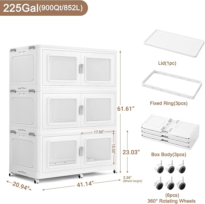 BROVIEW 900 Qt Stackable Storage Bin with Lid, 225Gal Extra Large Collapsible Storage Boxes, Folding Plastic Drawer, Heavy-Duty Store Cabinet, Closet Organizer for Home Kitchen, 3 Pack White