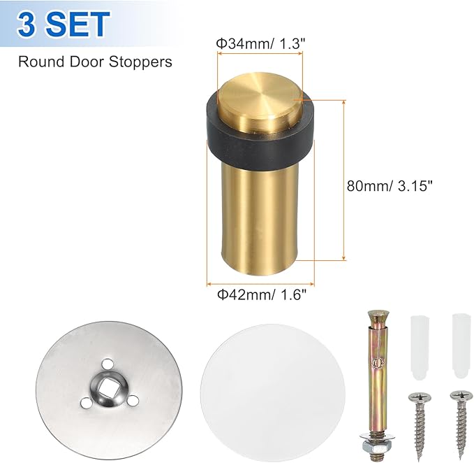 PATIKIL 3Set Round Door Stoppers, 80mm Stainless Steel Door Stop Doorstop Wedge Metal Cylinder Self Adhesive with Screw for Bottom of Door Floor Inside, Gray