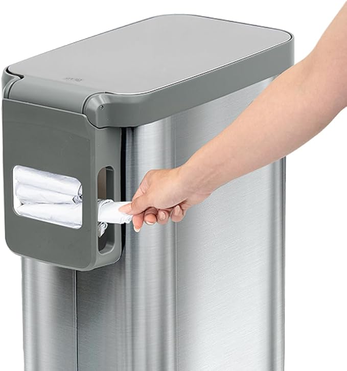 Glad Slim Trash Can with Clorox Odor Protection - Narrow Kitchen Garbage Bin with Soft Close Lid, Step On Foot Pedal and Waste Bag Roll Holder, All Stainless, 45 Liter