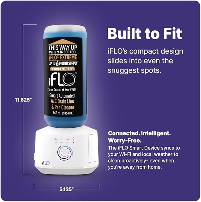 iFLO® Smart A/C Drain Line Cleaner and Drain Pan Cleaner Cartridge Concentrate, Fast-Acting, Long-Lasting HVAC System Solution for Tough Clogs & Buildup, 6-Month Supply per Bottle, 1 Pack of 36oz