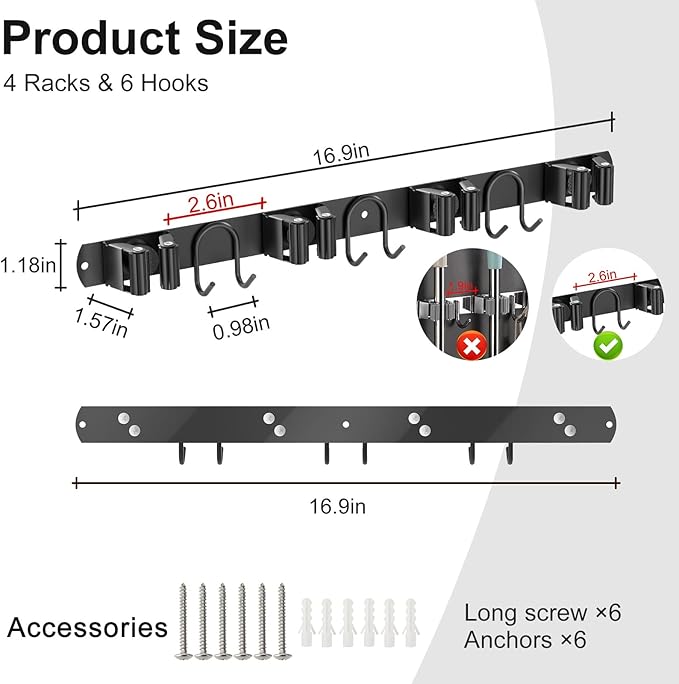 Broom Holder Wall Mount, 2 Packs Black Stainless Steel Tool Storage Organizer for Kitchen Garden Garage Laundry Room Bathroom and RV with 4 Slots 6 Hooks