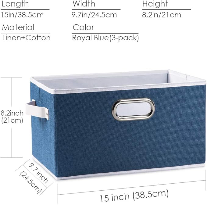 PRANDOM Large Collapsible Storage Baskets for Closet [3-pack] Decorative Fabric Storage Bins Cubes with Leather/Metal Handles for Shelves Bedroom Living Room Royal Blue (14.9x9.8x8.3 Inch)