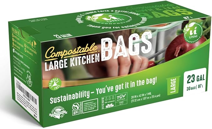UNNI Compostable Trash Bags, 20-23 Gallon / 87 Liter, 60 Count Value Pack, Extra Thick 1.0 mil Large Bin Liners for Food Scrap, BPI, CMA & OK compost HOME Certified (Meets ASTM D6400)