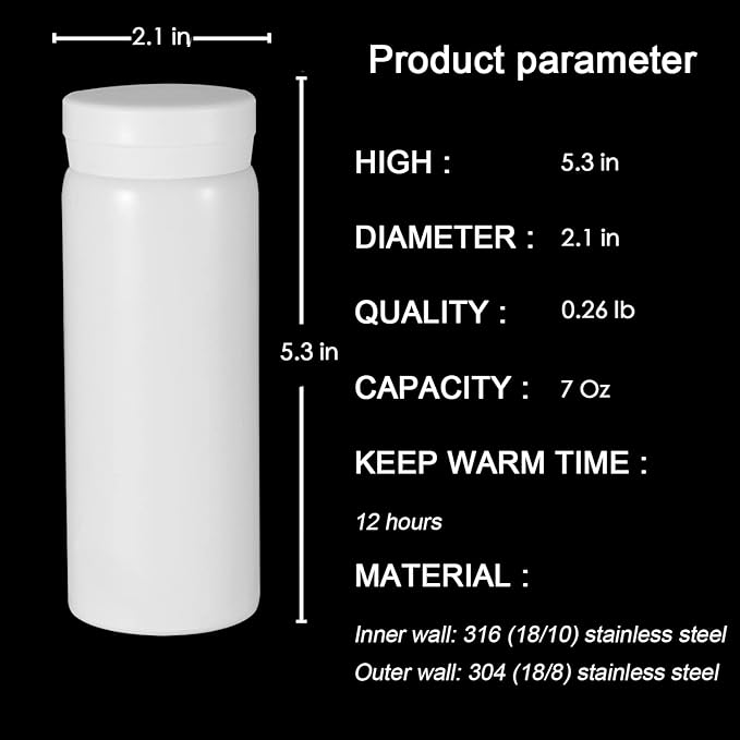 Mini Thermos Cute Water Bottle - 7 oz Tiny Insulated Vacuum 18/10 Stainless Steel Small Flask - Leak Proof & Spill Proof & Keeps Cold and Hot for Drink, Coffee, Tea - White