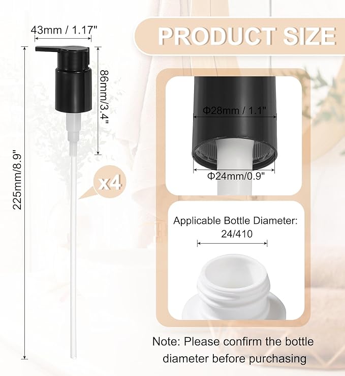 uxcell 4 Pcs Soap Dispenser Pump Heads, Hand Soap Dispensers Top Pumps Replacement Clip-on Pumphead for Standard 24/410 Neck Size Bathroom Lotion Shampoo Bottle, Black