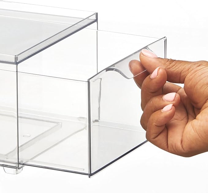 mDesign Stackable Storage Containers Box with Pull-Out Drawer - Stacking Plastic Drawers Bins for Kitchen Pantry and Cupboard, Cabinet, Counter, Island and Tables - Lumiere Collection - 2 Pack - Clear