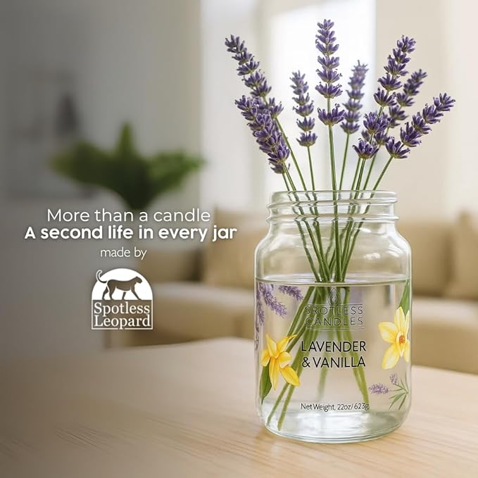 Vanilla & Lavender Candle 22oz Glass Jar with Wooden Wick in a Decorated Jar Within a Presentation Gift Box and Protective Shipping Box