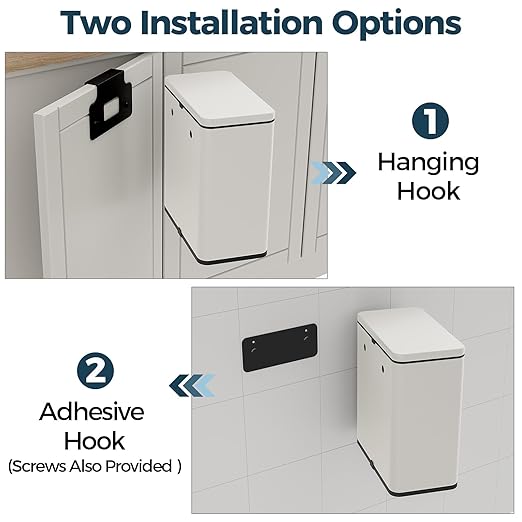 Stainless Steel Hanging Trash Can with Lid and Inner Bucket, 2 Gallon Kitchen Compost Bin for Counter Top, Under Sink or Wall Mount, Small Garbage Can for Cupboard/Bathroom/Bedroom/RV, White