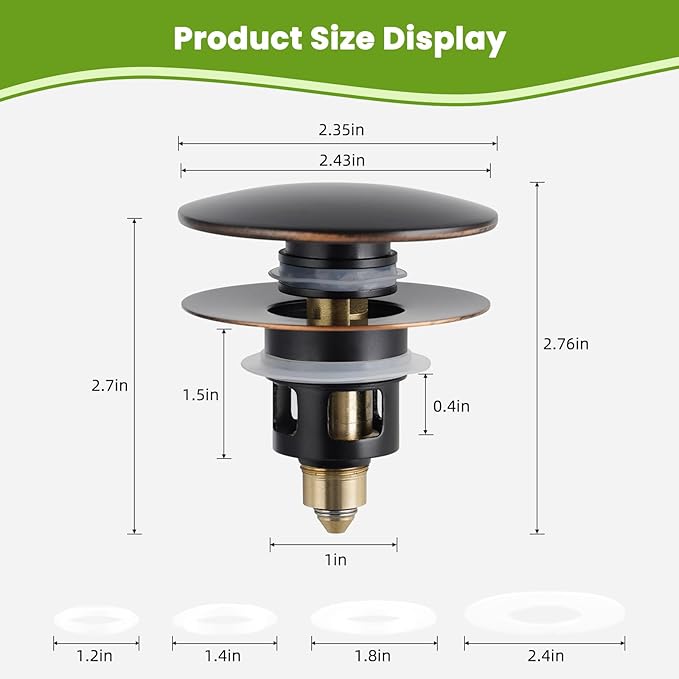 Universal 2PCS Bathroom Sink Stopper 2 in 1 Pop Up Metal Sink Drain Strainer with Hair Catcher, Fit for 1.1~2.36" Sink Basin Hole, Big Cover Cap, Anti-clog, Oil Rubbed Bronze