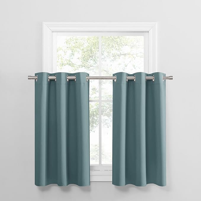PONY DANCE Small Curtains Blackout, Privacy Energy Efficiency Mini Curtains for Kids Bedroom RV Camper Windows Trailer Bathroom Kitchen Cabinet Window, W 42 x L 36, Fluorescent Blue, 2 Panels