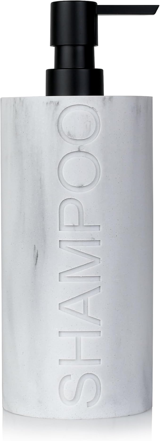 Matte White Shampoo Dispenser Modern Refillable Pump Bottle with Embossed Text, Durable Resin Construction for Bathroom and Kitchen