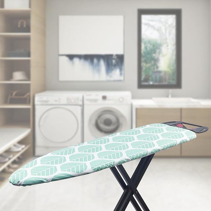 Ironing Board Cover and Pad, Standard Size 15 x 54, Thick Padding with Elasticized Edges, Heat Reflective with Hook and Loop Fasteners, 3 Layers Iron Board Cover (Green Leaf)