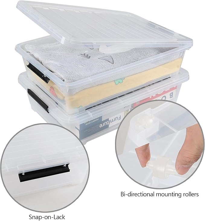 3 Packs 40 Quart Large Under Bed Storage Box, Wheeled Under Bed Storage Containers, Clear
