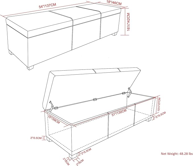 SIMPLIHOME Avalon 54 inch Wide Contemporary Rectangle Extra Large Storage Ottoman Bench in Slate Grey Polyester linen fabric, Assembled, For the Living Room, Entryway and Family Room