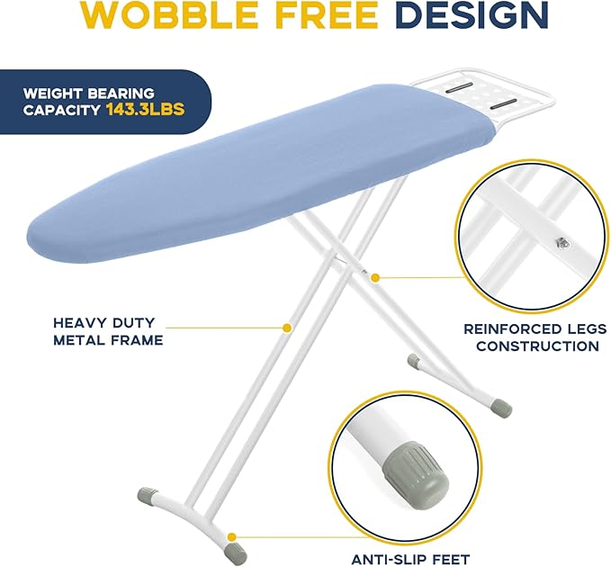 Full Size Ironing Board with Iron Rest, Heavy Duty Compact Ironing Board 43"x13" with Thick Cover and Pad, Height Adjustable Sturdy Iron Stand, Blue