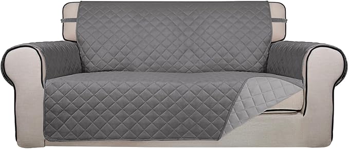 PureFit Reversible Quilted Sofa Cover, Water Resistant Slipcover Furniture Protector, Washable Couch Cover with Non Slip and Elastic Straps for Kids, Dogs, Pets (Oversized Loveseat, Gray/Light Gray)