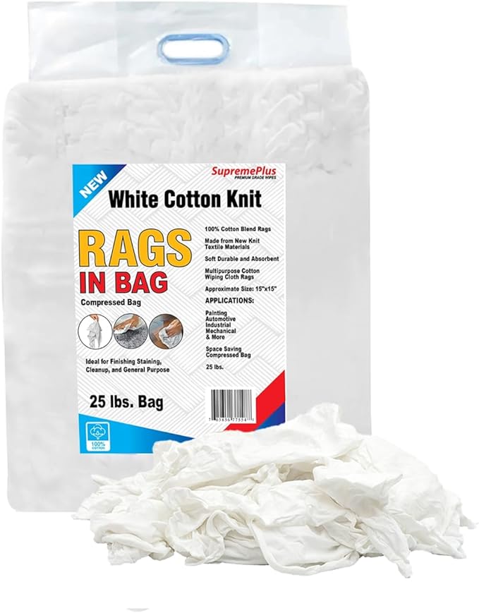 Premium White T-Shirt Cleaning Rags (25 lbs. Bag of Rags) – White Cotton Rag for Cleaning, Staining, Painting, Oil, Grease & Dust Removal – Shop Rags Bulk