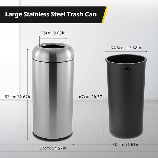 Dyna-Living Large Trash Can Outdoor Stainless Steel Garbage Can with Lid Open Top Tall Trash Bin Commercial Big Kitchen Garbage Bin Industrial Waste Container (Silver)