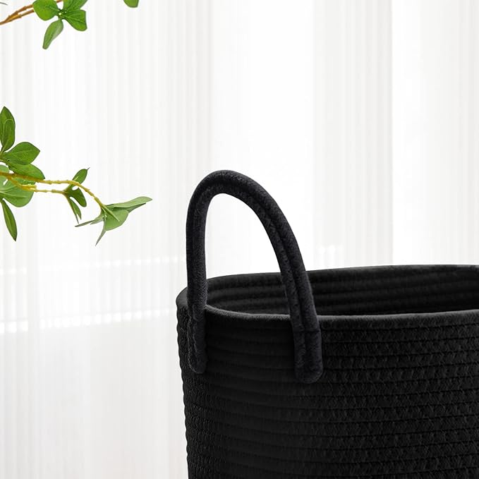 VIPOSCO Large Laundry Hamper, Tall Woven Rope Storage Basket for Blanket, Toys, Dirty Clothes in Living Room, Bathroom, Bedroom - 72L Black
