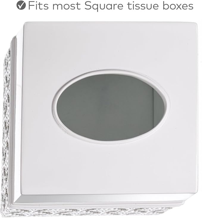 Creative Scents Mirror Damask Square Tissue Box Cover - Decorative Bathroom Tissues Paper Holder, Modern Napkins Container, Bottom Slider, for Cute Elegant Bathroom Decor (White & Gray)