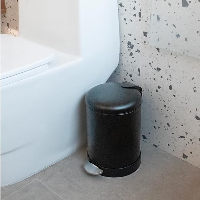 Glad Small Trash Can, 1.2 Gallon | Round Stainless Steel Garbage Bin with Soft Close Lid & Step Foot Pedal | Black Metal Waste Basket with Removable Inner Bucket, Matte Black