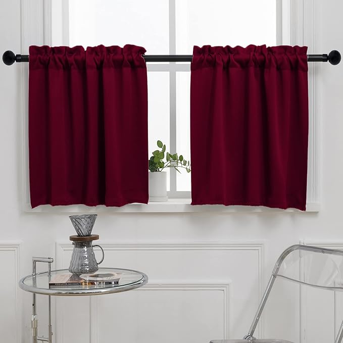 Pickluc Burgundy Cafe Curtain (Half Window Curtain) 36 Inches Length, Rod Pocket Small Kitchen Curtain, Short Blackout Curtain for Small Window, 30" Wide and 36" Long, 2 Panels