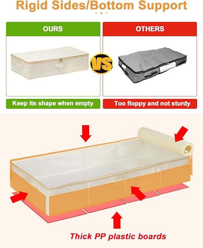 Under Bed Storage, 2 Pack Clothing Storage Bags W/Upgraded Handles, Large Capacity Underbed Shoe Container Organizer, Breathable Dorm Essentials Bins for Blanket, Pillows, Comforters & Quilts, Beige