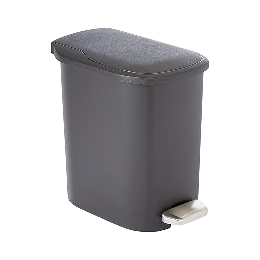 Amazon Basics Compact Plastic Bathroom Trash Can with Hands Free Foot Pedal, Quiet Close Step-On, 6 Liters, Black, Lid Included