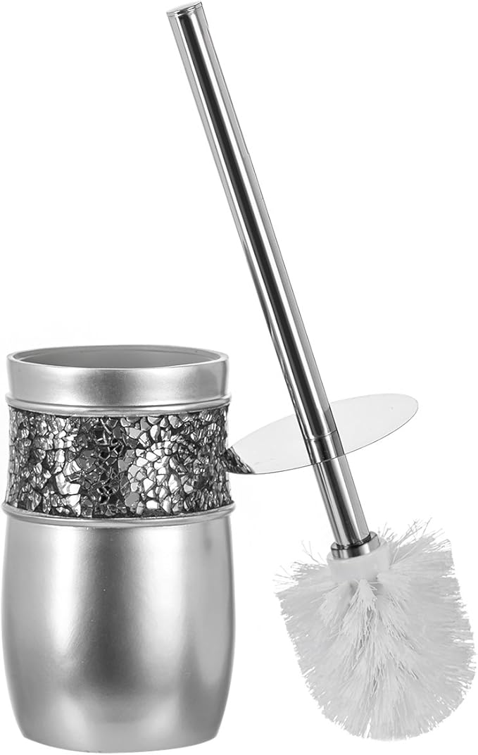 Crackled Glass Toilet Brush with Holder - Silver Toilet Bowl Cleaner Brush and Holder - Good Grip, Deep Cleaning, Decorative Design Compact Toilet Bowl Scrubber