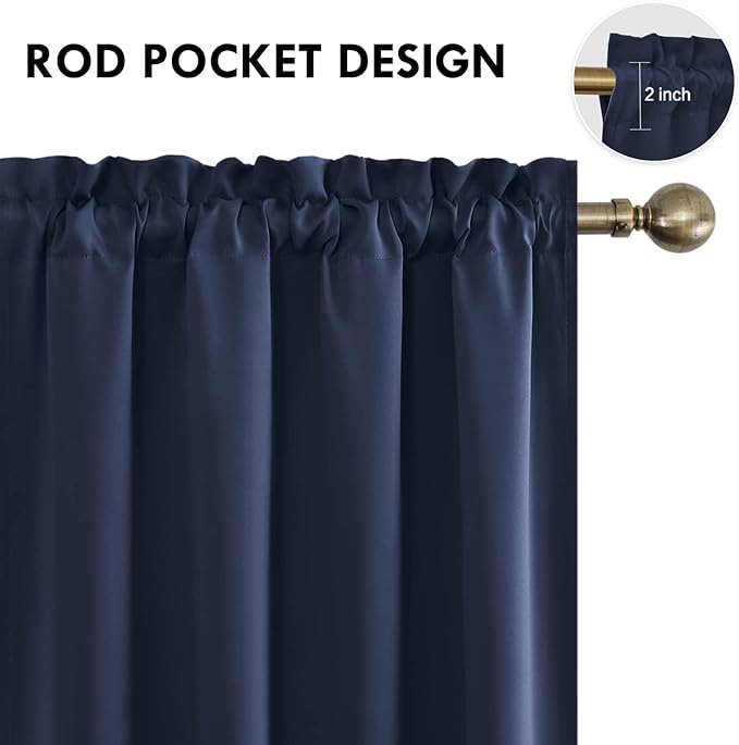DWCN Blackout Curtains for Living Room Thermal Insulated, Energy Saving & Noise Reducing Bedroom Curtains, Navy, W 70x L 63 Inch, Set of 2 Rod Pocket Curtain Panels