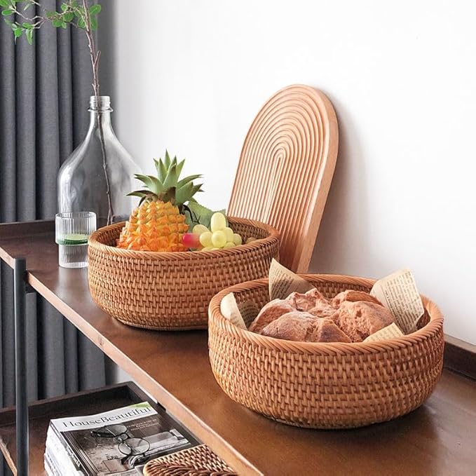 Rattan Bread Basket, Hand Woven Fruit Basket, Wicker Serving Basket Bowl, Decorative Baskets for Kitchen Counter Organizing, Set of 3 (Round)