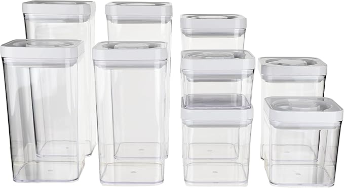 Amazon Basics Airtight Food Storage Containers, BPA Free, with Twist/Turn Lids, for Kitchen Pantry Organization, 10-Piece Square Set, Clear Plastic