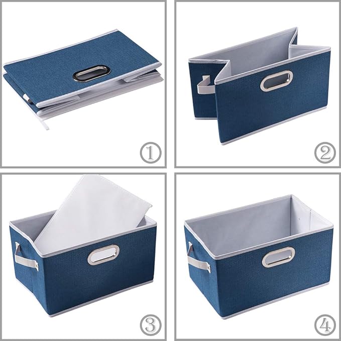 PRANDOM Fodable Storage Bins for Closet [3-pack] Decorative Fabric Storage Baskets Cubes with Leather/Metal Handles for Shelves Bedroom Living Room Royal Blue (11.5x8.5x6.7 Inch)