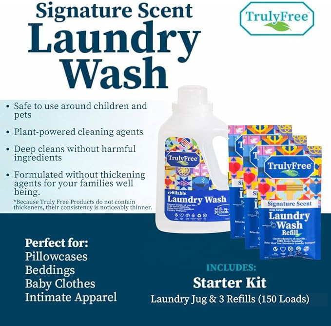 Truly Free Natural Laundry Detergent for Sensitive Skin | Eco Friendly, Plant Based, Baby Clothes Safe | Clean & Easy Powder to Liquid, 3 Pack Detergent + 1 Refillable Jug | Signature Scent 150 Loads