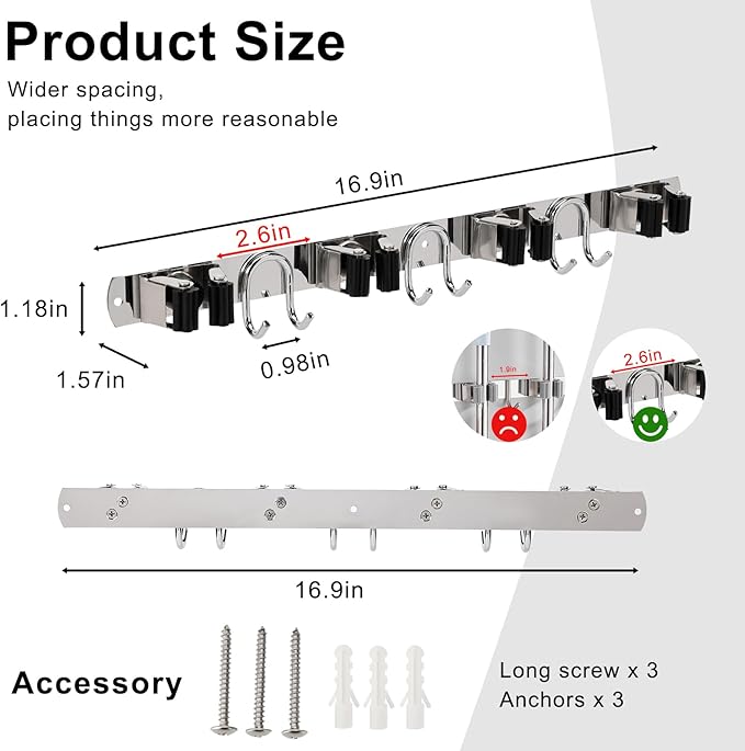 Mop Broom Holder Wall Mount, Silver Stainless Steel Tool Storage Organizer for Kitchen Garden Garage Laundry Room Bathroom and RV with 4 Slots 6 Hooks