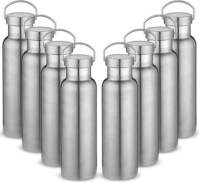 Neihepal 20 oz Insulated Water Bottles Bulk 8 Pack,Stainless Steel Double Wall Sport Bottle with Lid of Handle,Metal Reusable Thermoses Flask with Cup Cap for School,Hikers,Gift (Silver,Set of 8)
