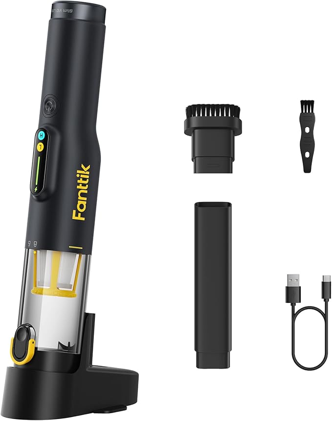 Fanttik Slim V10 Lite Cordless Handheld Vacuum, 0.98lb Lightweight with All-in-One Base Design, 12000Pa Suction & Smart LED Display, Portable Mini Vacuum Cleaner for Kitchen Table, Home, Car