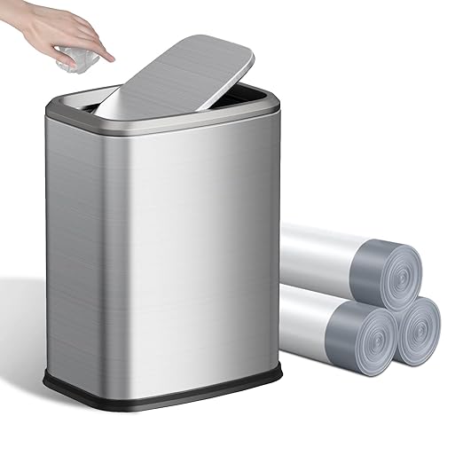 8L/2.1 Gal Small Bathroom Trash Can with Lid, Swing-Top Rectangular Waste Bin, Stainless Steel Garbage Can for Home, Office, Toilet, Bedroom, Living Room (Silver)