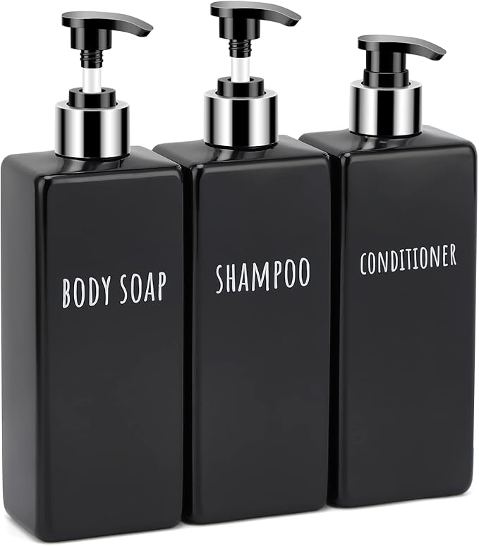Segbeauty Shower Soap Dispenser Black, 3pcs 16.9oz Empty Refillable Bathroom Press Pump Bottles, 500ml Reusable Plastic Square Shampoo Conditioner Body Soap Dispenser Set for Modern Kitchen Home Decor