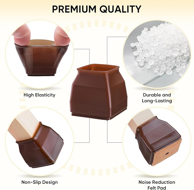 BALEINE 24 Pack Silicone Chair Leg Floor Protectors, Stool Leg Protectors Cap, Non-Slip Chair Leg Caps for Hardwood Floors (Brown & Large (Square), 24 Pack)