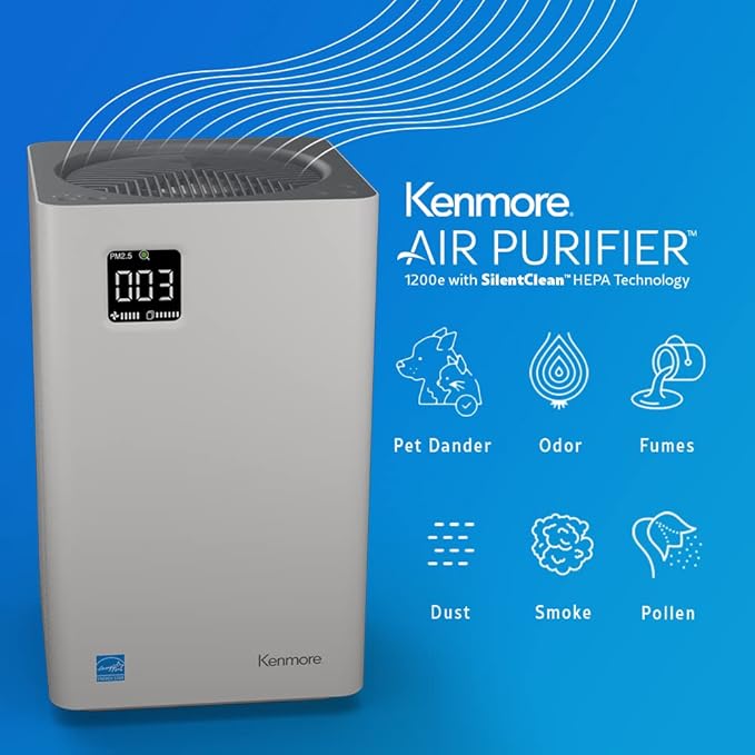 Kenmore PM2010 Air Purifiers with H13 True HEPA Filter, Covers Up to 1200 Sq.Foot, 24db SilentClean 3-Stage HEPA Filtration System, 5 Speeds for Home Large Room, Kitchens & Bedroom, PM2010
