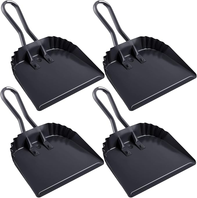 Mumufy 4 Pack 12 inch Heavy Duty Metal Dustpan Large Wide Dust Pans for Household Handheld Wide Scooper and Debris Cleaning Tool Ideal for Home and Commercial Use(Black)