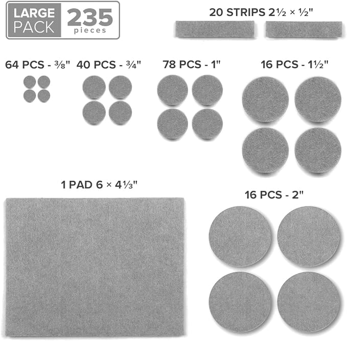 235 pcs Grey Felt Furniture Pads X-Protector! Huge Quantity of Furniture Pads for Hardwood Floors with Many Big Sizes – Your Ideal Wood Floor Protectors for Furniture. Protect Any Type of Hard Floor!